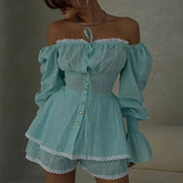 LIZAKOSHT  -  Sexy Ruffles Shorts Sets Women Spiced Slash Neck Waist Up Flare Sleeve Lace Up Top Short Pants 2025 Summer Lady New in Suits